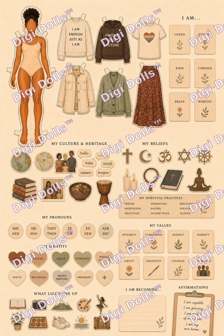 Digi Dolls™ identity, values and affirmations sticker sheet